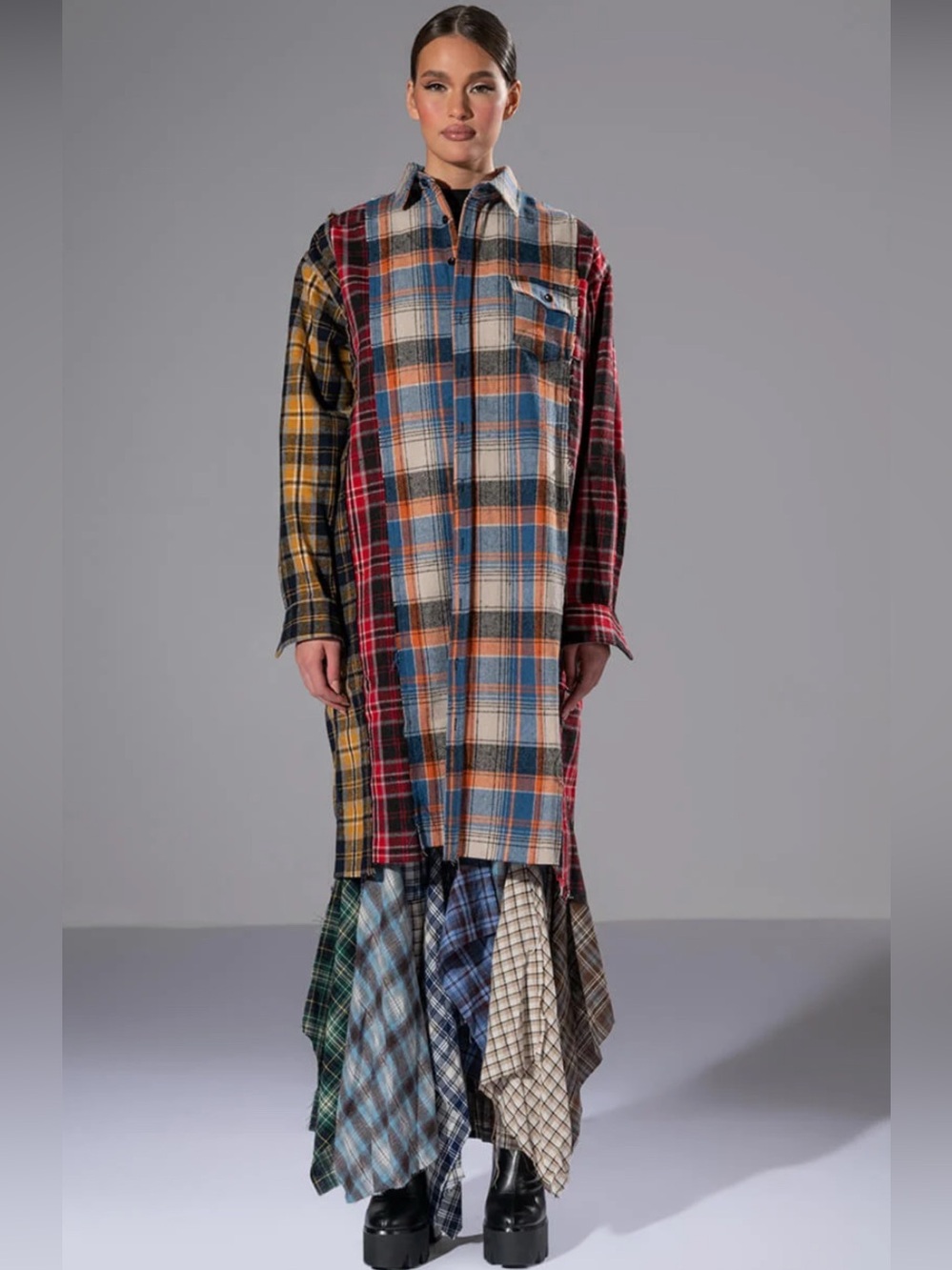 Boutique Grunge Girl Mixed Patchwork Oversized Long Plaid Top Size Medium